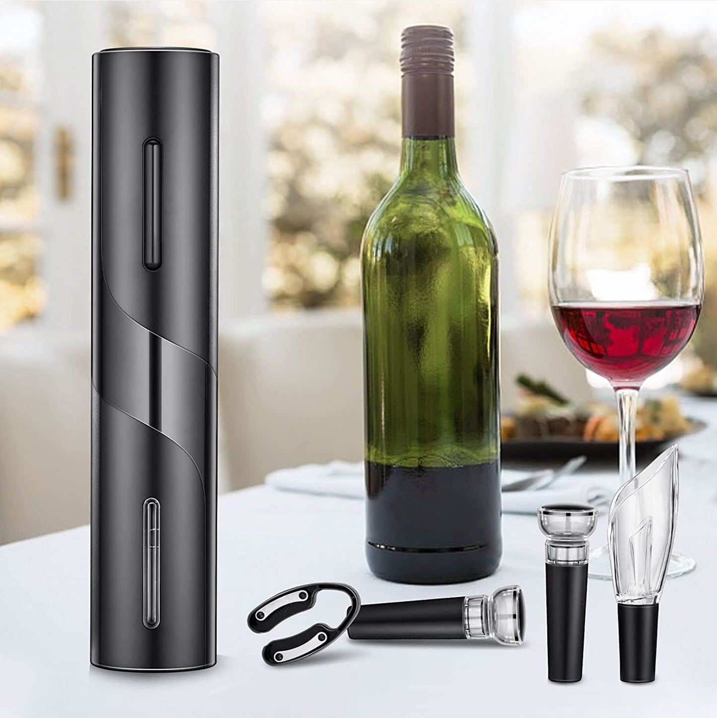 Electric Wine Opener,Electric Wine Bottle Opener Kit Cordless Corkscrew Opener Includes Automatic Wine Opener, Foil Cutter, Vacuum Stoppers, Wine Aerator Pourer,5-In-1 Wine Opener Gift Set
