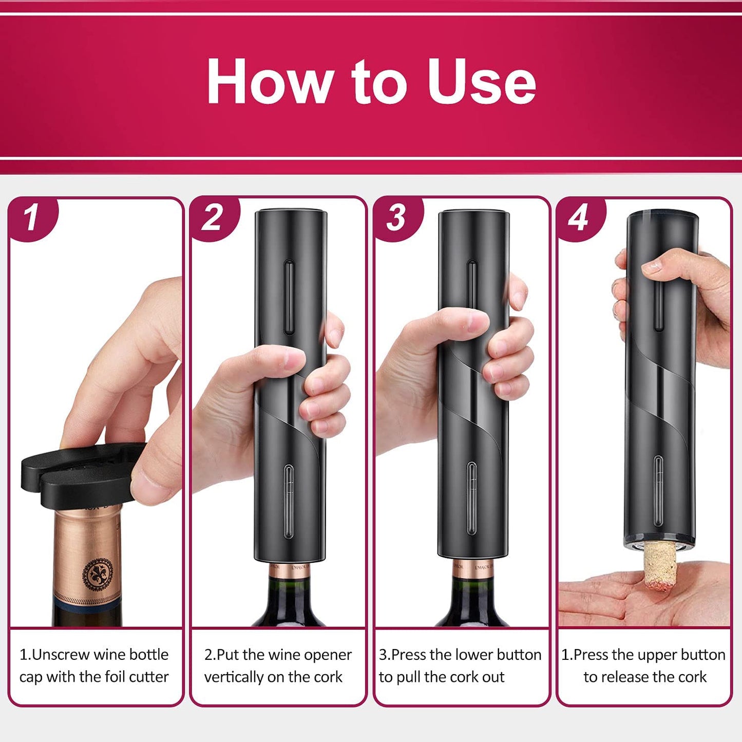 Electric Wine Opener,Electric Wine Bottle Opener Kit Cordless Corkscrew Opener Includes Automatic Wine Opener, Foil Cutter, Vacuum Stoppers, Wine Aerator Pourer,5-In-1 Wine Opener Gift Set