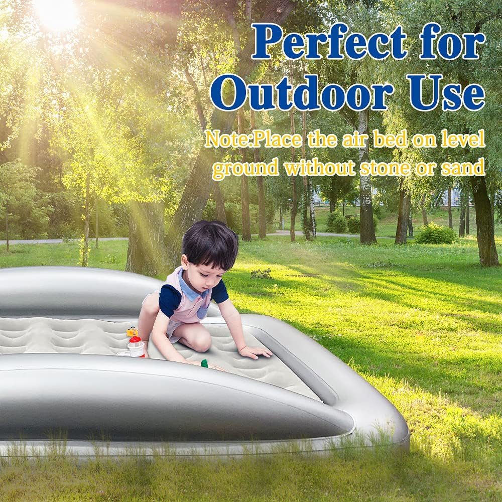 Inflatable Kids Travel Bed Toddler Air Mattress Set - Portable Blow up Mattress Sleeping Bed Cot with Security Bed Rails and Electric Pump Ideal for Road Trip Camping Sleepovers Etc. (Upgraded)