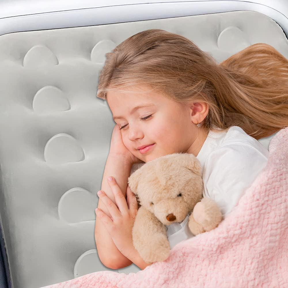 Inflatable Kids Travel Bed Toddler Air Mattress Set - Portable Blow up Mattress Sleeping Bed Cot with Security Bed Rails and Electric Pump Ideal for Road Trip Camping Sleepovers Etc. (Upgraded)