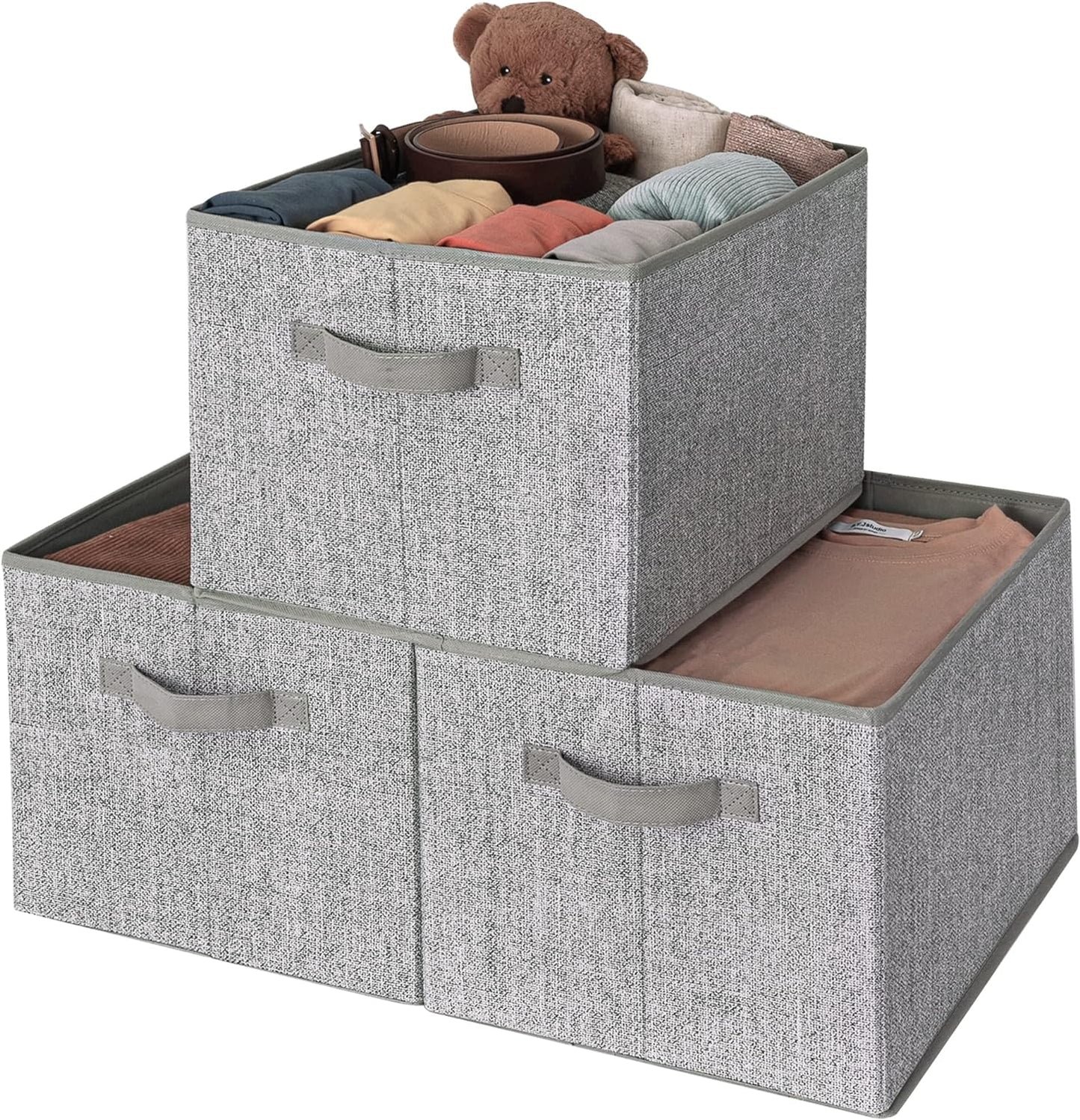 Large Fabric Storage Bins with Handles - 3-Pack Gray Closet Organizer Baskets for Shelves and Clothing Storage