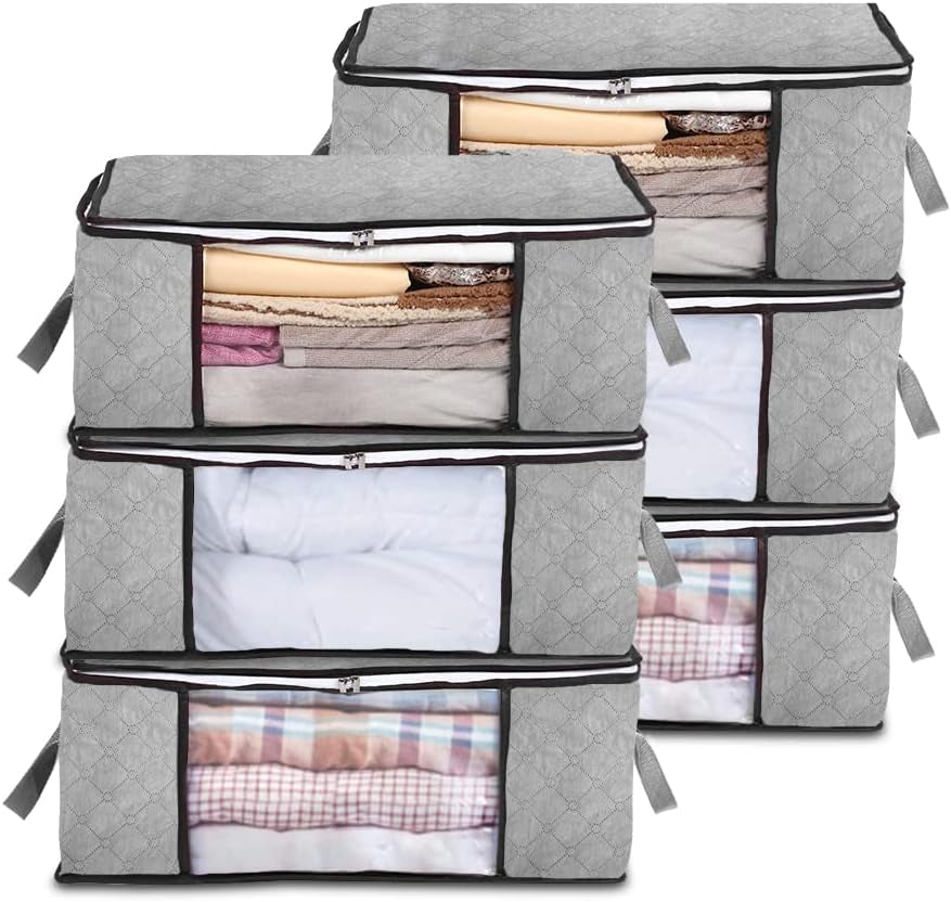 6-Pack Foldable Closet Organizer Clothing Storage Bags with Clear Window, Reinforced Handle and Sturdy Zipper (Black)