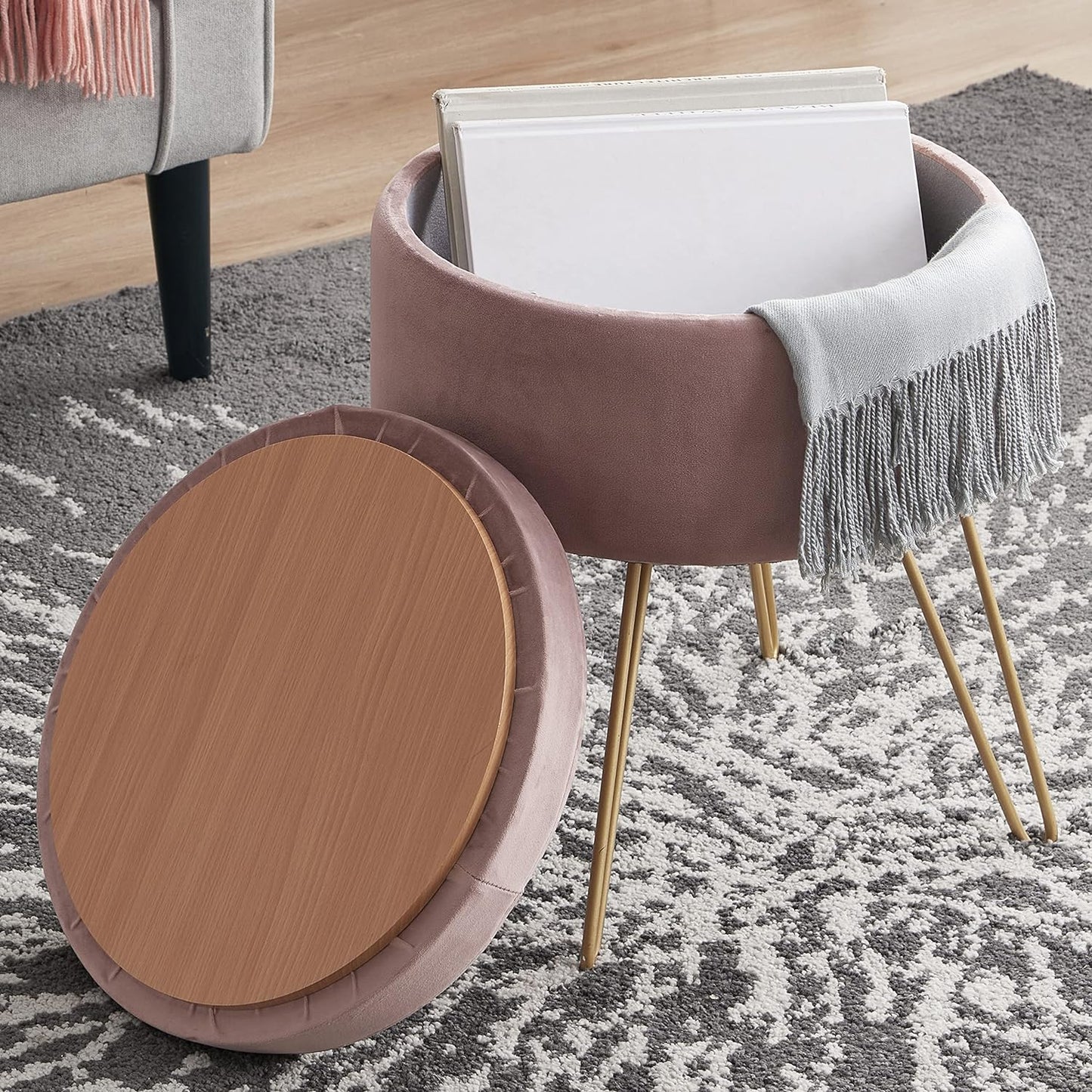 Home Modern round Velvet Storage Ottoman Foot Rest Stool/Seat with Gold Metal Legs & Tray Top Coffee Table - Black