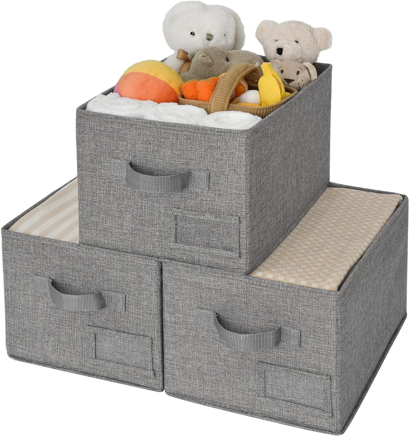 Large Fabric Storage Bins with Handles - 3-Pack Gray Closet Organizer Baskets for Shelves and Clothing Storage