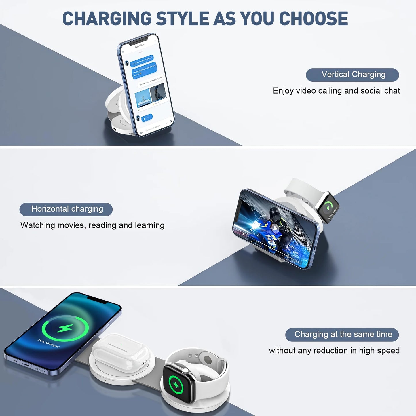Professional Magnetic Wireless Charging Station for Apple Devices - 3-in-1 MagSafe Charger for iPhone 15/14/13/12 Pro Max, AirPods 3/2/Pro, and Apple Watch Series 9/8/7/6/SE/5/4
