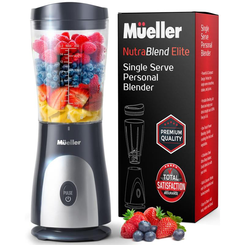 Mueller Personal Blender for Shakes and Smoothies with 15 Oz Travel Cup and Lid, Juices, Baby Food, Heavy-Duty Portable Blender & Food Processor