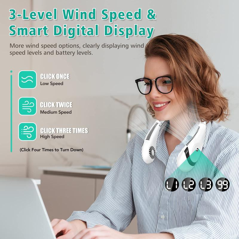 ICESTONE Foldable Portable Neck Fan with LCD Display,Portable Hands Free Fan,Mini Rechargeable Fan,Bladeless Neck Fan,Small Neck Air Conditioner,360° Airflow Strong Cooling,Bladeless Mute 3 Speeds,For Indoor Outdoor Home Office Travel Sports