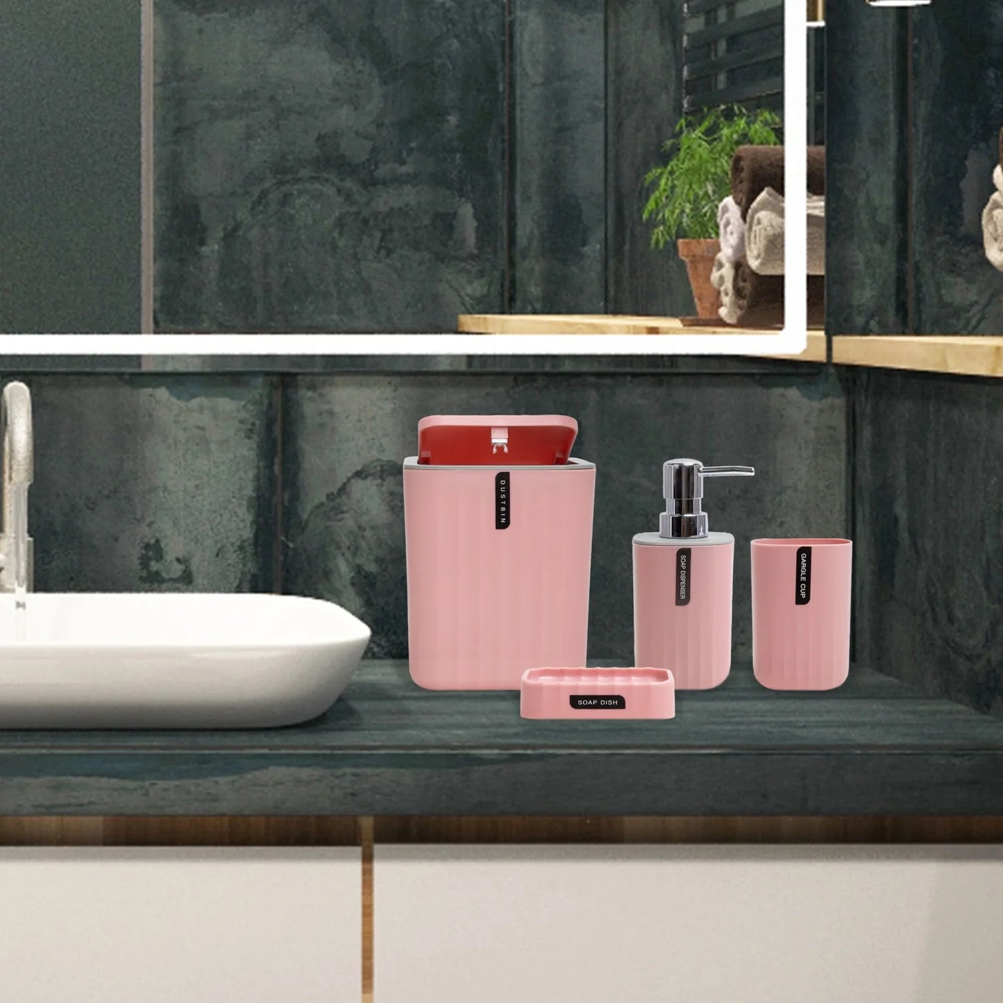 Bathroom 4-Piece Accessories Set, Bathroom Decor Set,Soap Dish,Soap Dispenser,Toothbrush Cup,Mini Desktop Trash Can with Lid, Pink