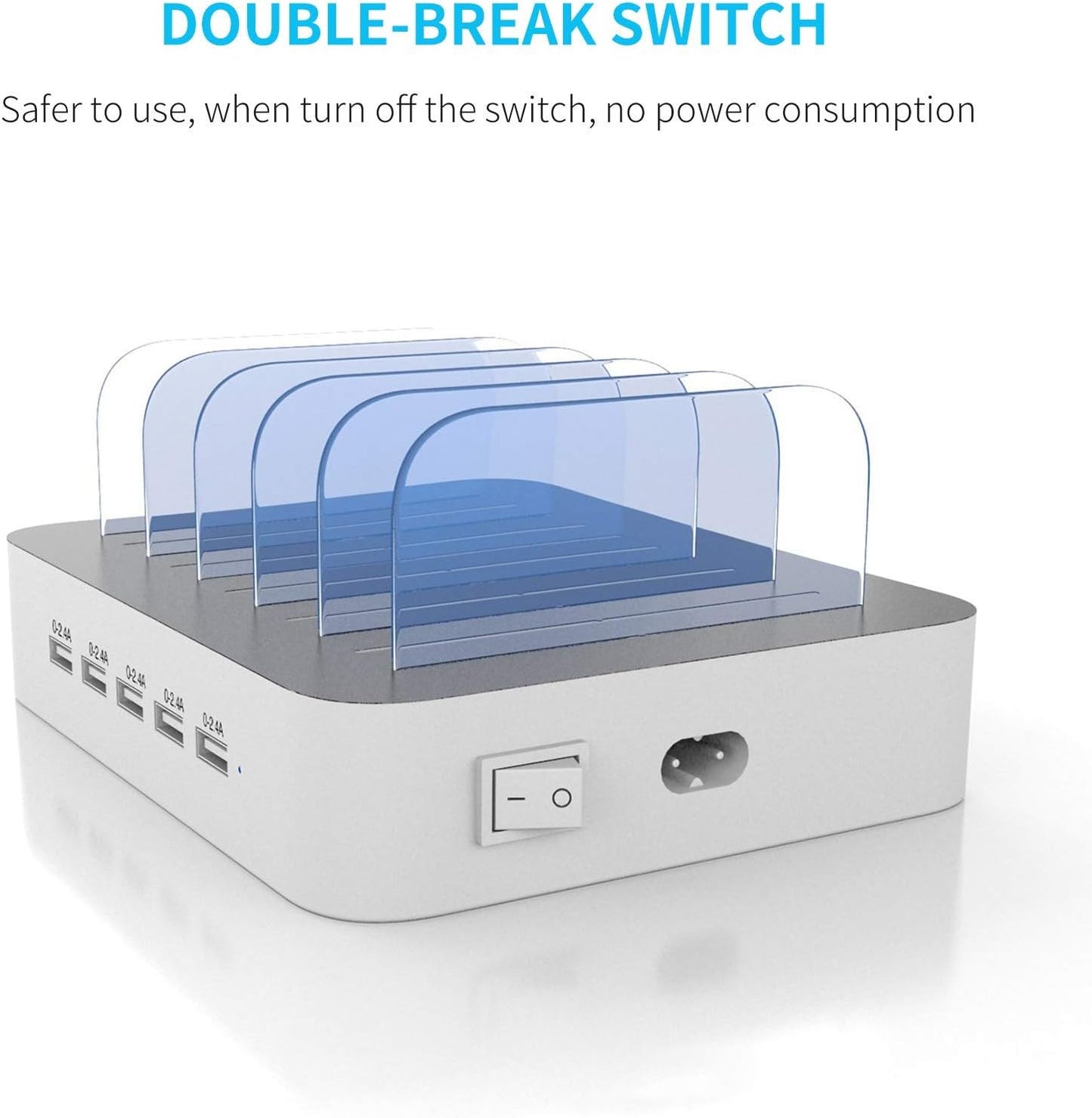 Charging Station for Multiple Devices, 5 Port Multi USB-A Charger Station with Power Switch Designed for Iphone Ipad Cell Phone Tablets (White, 6 Mixed Short Cables Included)