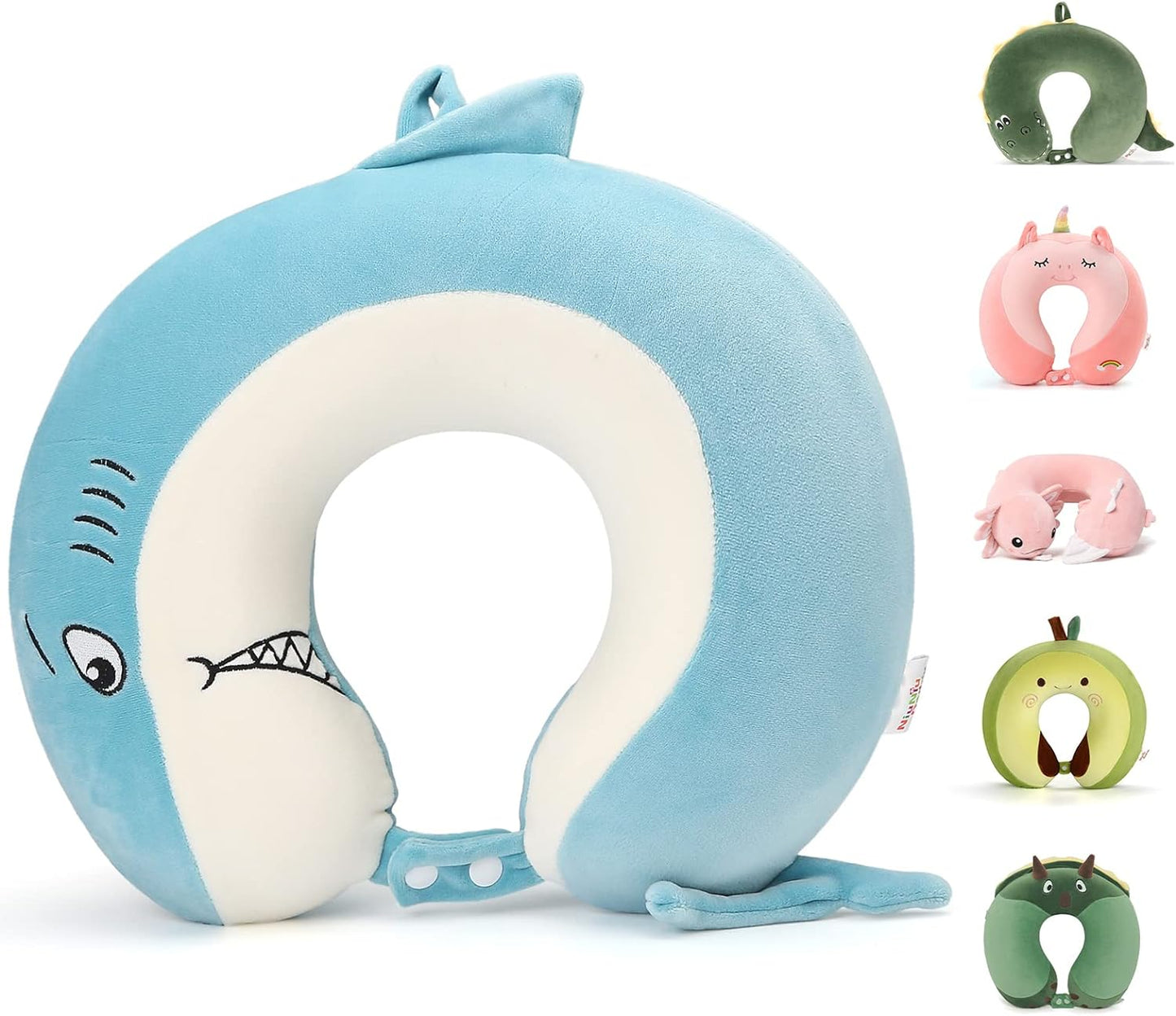 Kids Travel Pillow for Airplane Road Trip Car Seat, Neck Chin Supporting, Stop Head from Falling Forward, Memory Foam with Cute Shark Animal Cover, Gift for Boy Girl - Shark Travel Pillow