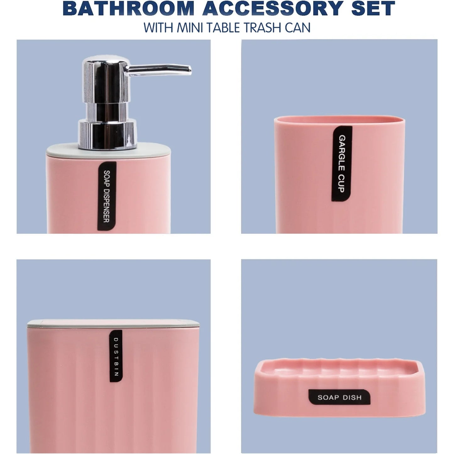 Bathroom 4-Piece Accessories Set, Bathroom Decor Set,Soap Dish,Soap Dispenser,Toothbrush Cup,Mini Desktop Trash Can with Lid, Pink