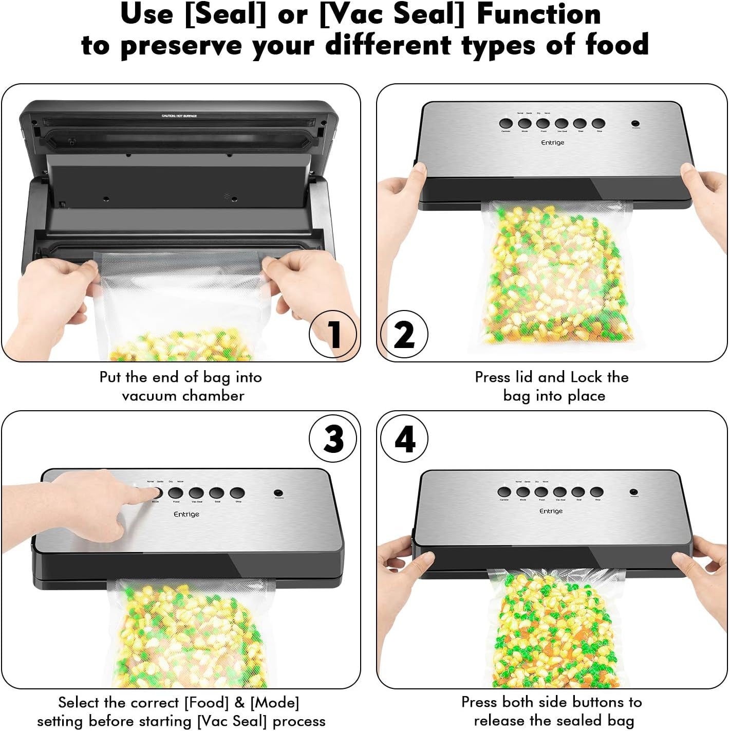 Vacuum Sealer Machine ,Automatic Food Sealer for Food Preservation W /Starter Kit, Dry Moist Food Modes, Easy to Clean, Led Indicator Lights, Compact Design, Silver(Stainless Steel)