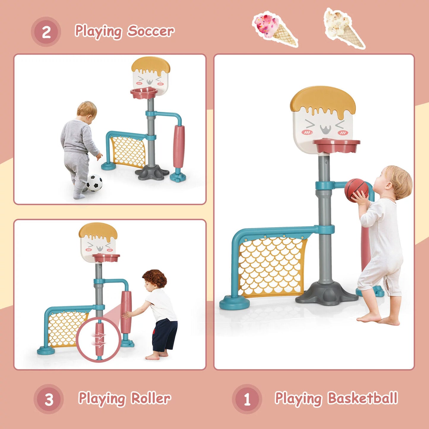 3-In-1 Basketball Stand Set W/ Soccer & Roller Adjustable Height