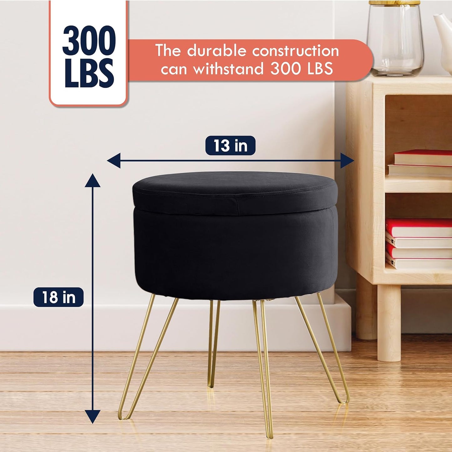 Home Modern round Velvet Storage Ottoman Foot Rest Stool/Seat with Gold Metal Legs & Tray Top Coffee Table - Black