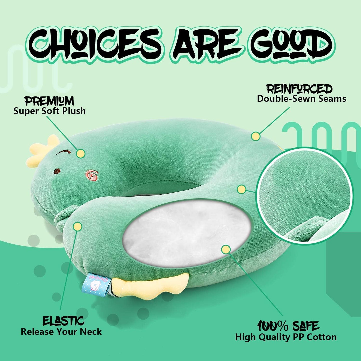 Kid Travel Pillow for Car Airplane Soft Kids Neck Pillow for Head Chin Support Cute Animal U Shaped Travel Pillow Portable Essential for Road Trip Traveling Green Dinosaur