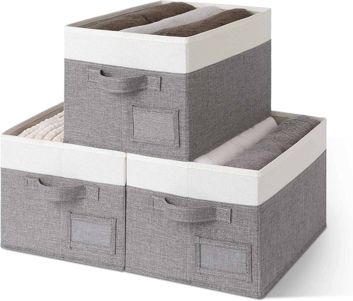 Large Fabric Storage Bins with Handles - 3-Pack Gray Closet Organizer Baskets for Shelves and Clothing Storage