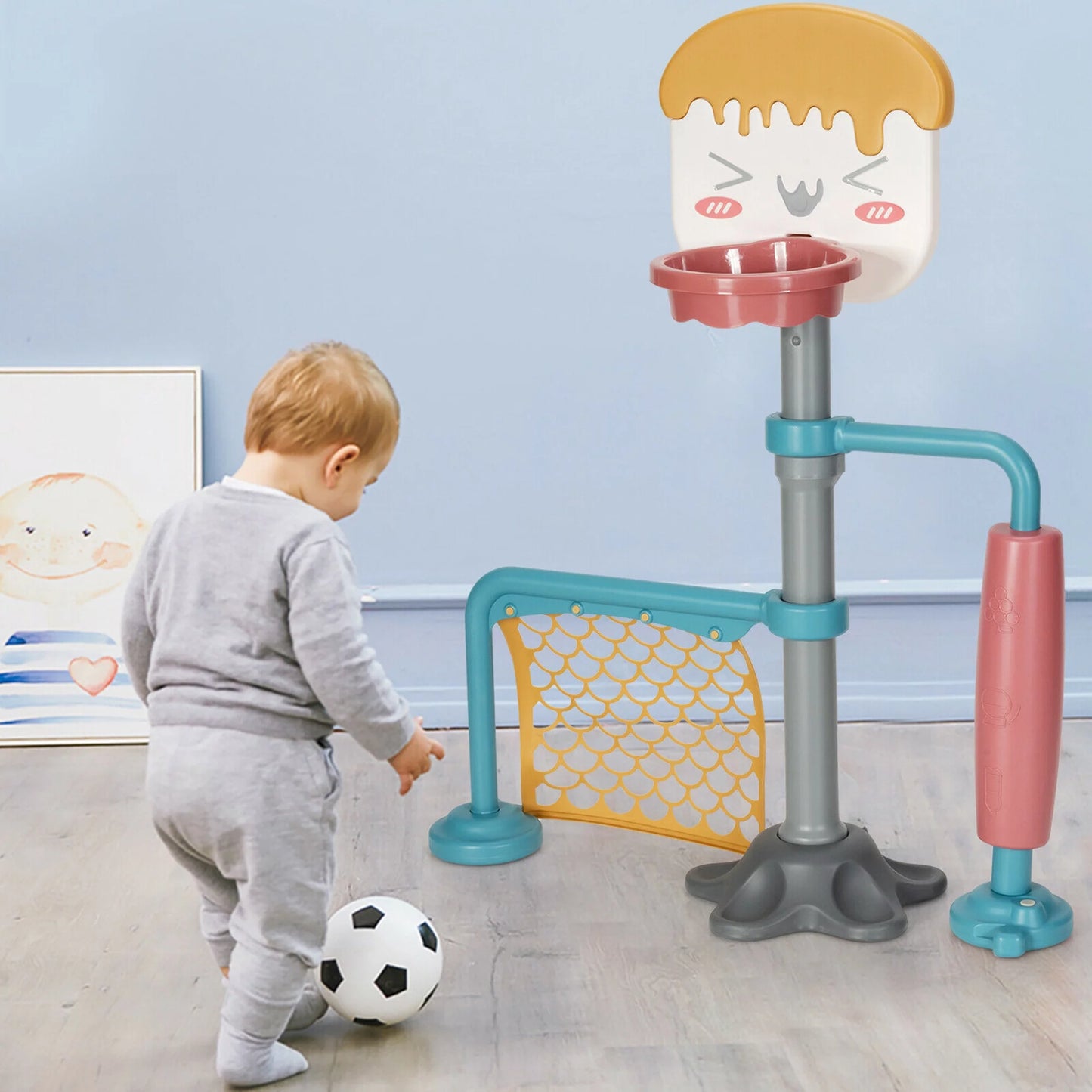 3-In-1 Basketball Stand Set W/ Soccer & Roller Adjustable Height