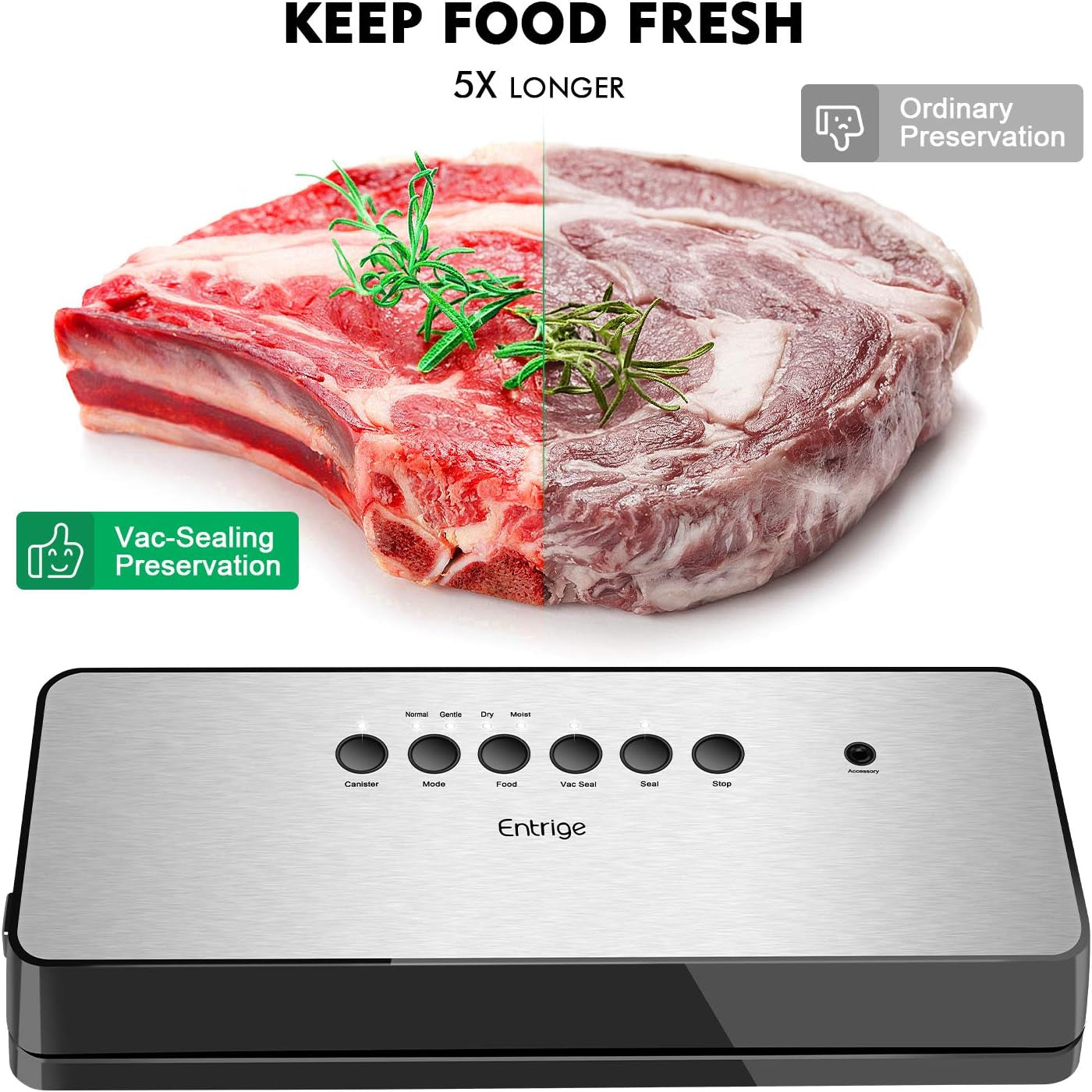 Vacuum Sealer Machine ,Automatic Food Sealer for Food Preservation W /Starter Kit, Dry Moist Food Modes, Easy to Clean, Led Indicator Lights, Compact Design, Silver(Stainless Steel)