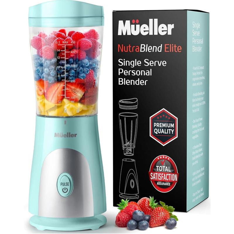 Mueller Personal Blender for Shakes and Smoothies with 15 Oz Travel Cup and Lid, Juices, Baby Food, Heavy-Duty Portable Blender & Food Processor