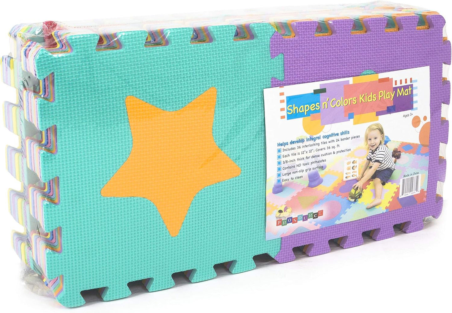 Kids Foam Puzzle Floor Play Mat with Shapes & Colors 36 Tiles, 12"X12" and 24 Borders