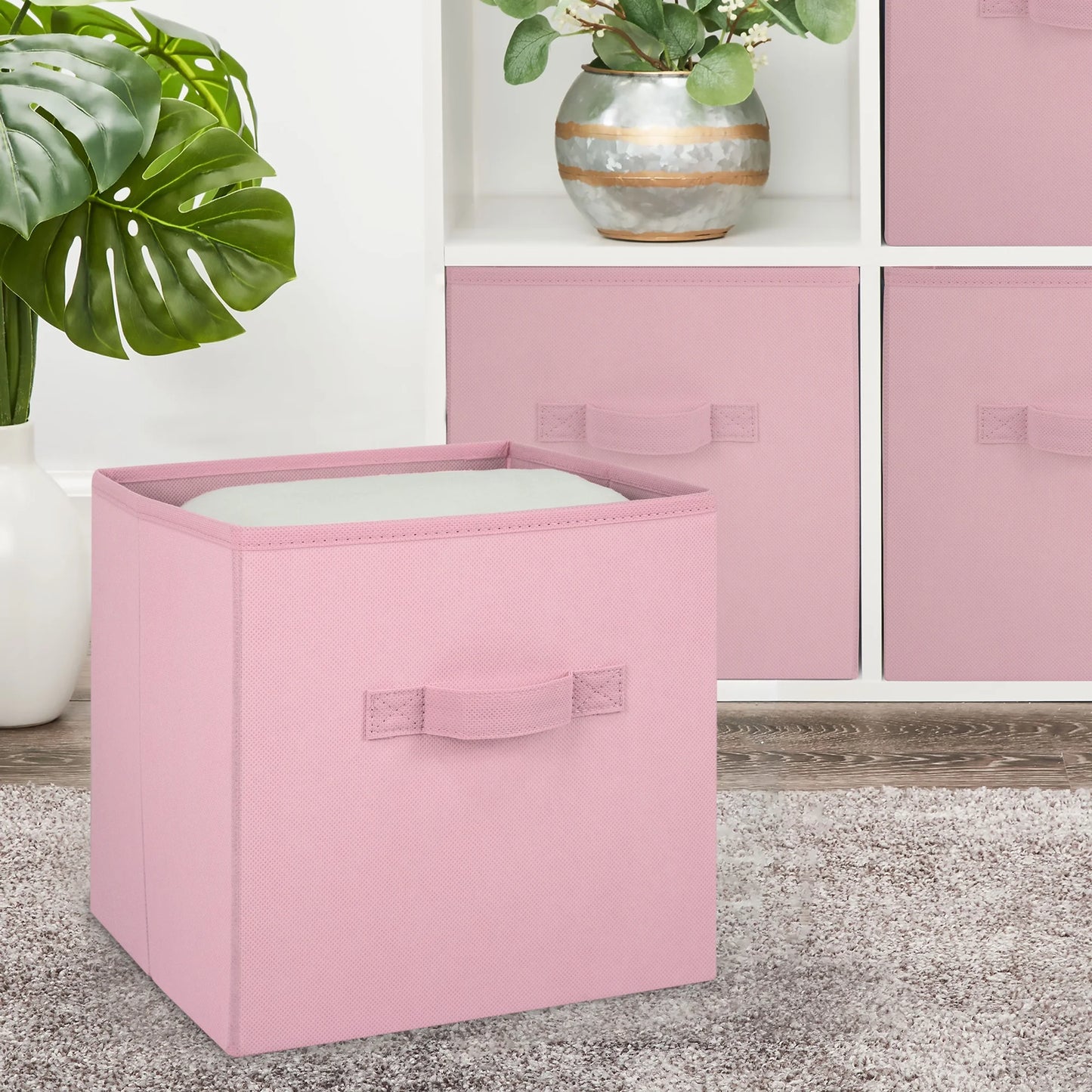 Collapsible Cube Fabric Storage Bins (10.5" X 10.5"), 6 Pack, Pink Puff