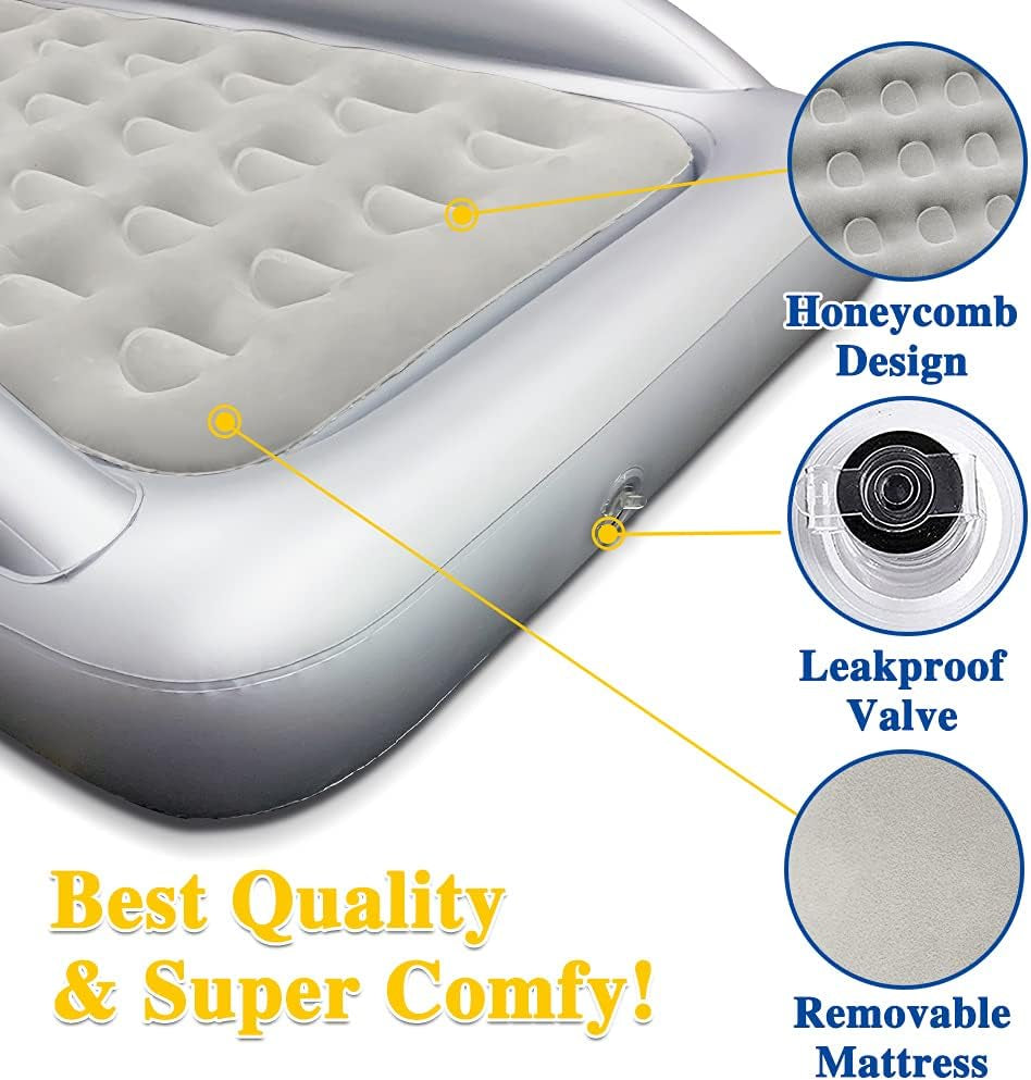 Inflatable Kids Travel Bed Toddler Air Mattress Set - Portable Blow up Mattress Sleeping Bed Cot with Security Bed Rails and Electric Pump Ideal for Road Trip Camping Sleepovers Etc. (Upgraded)