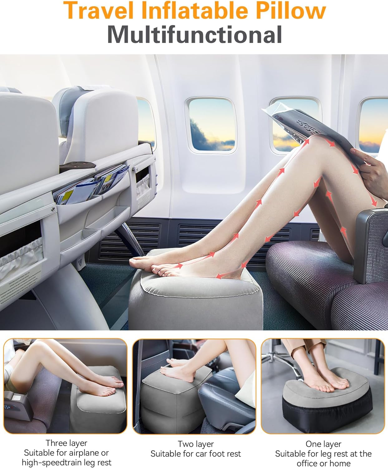 Inflatable Foot Rest Pillow for Travel, Kids/Adults Airplane Travel Pillow-Adjustable Height Cushions,For Kids to Sleep While Traveling,Suitable for Office, Home and Any Travell (1 Pack)