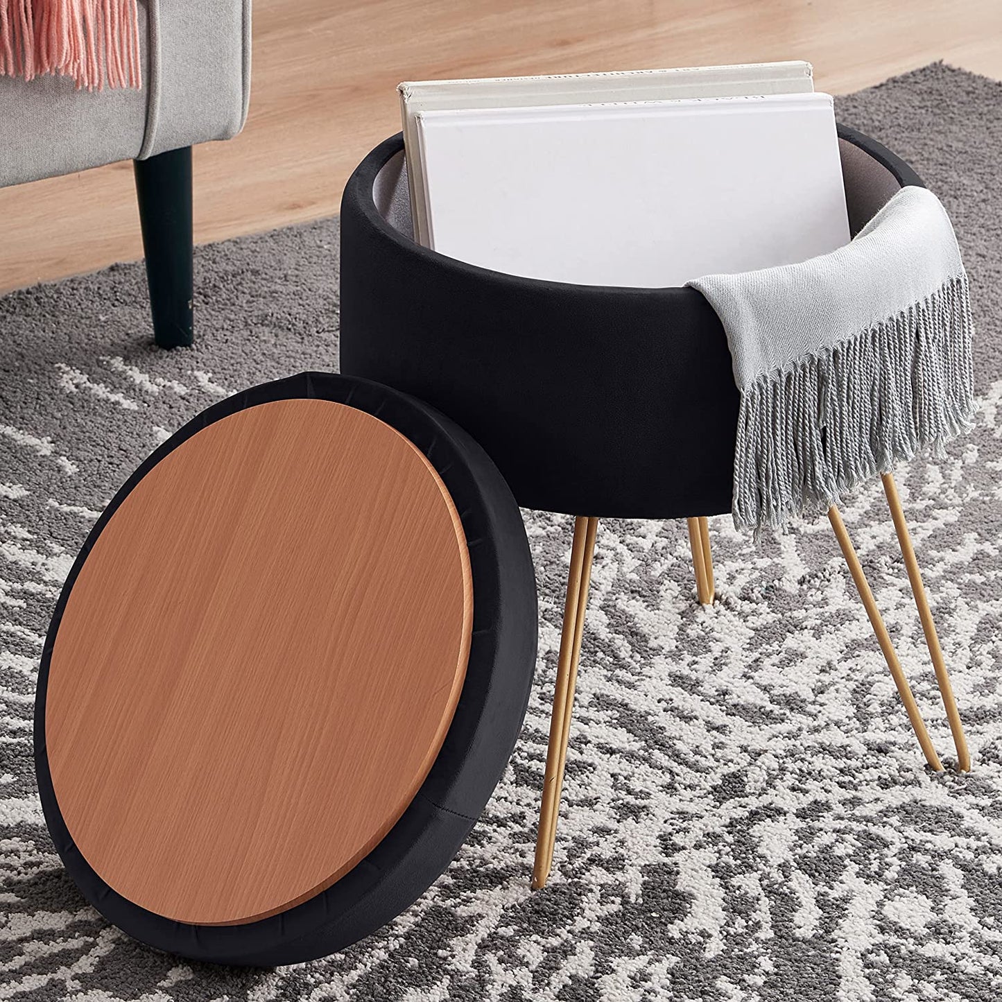 Home Modern round Velvet Storage Ottoman Foot Rest Stool/Seat with Gold Metal Legs & Tray Top Coffee Table - Black