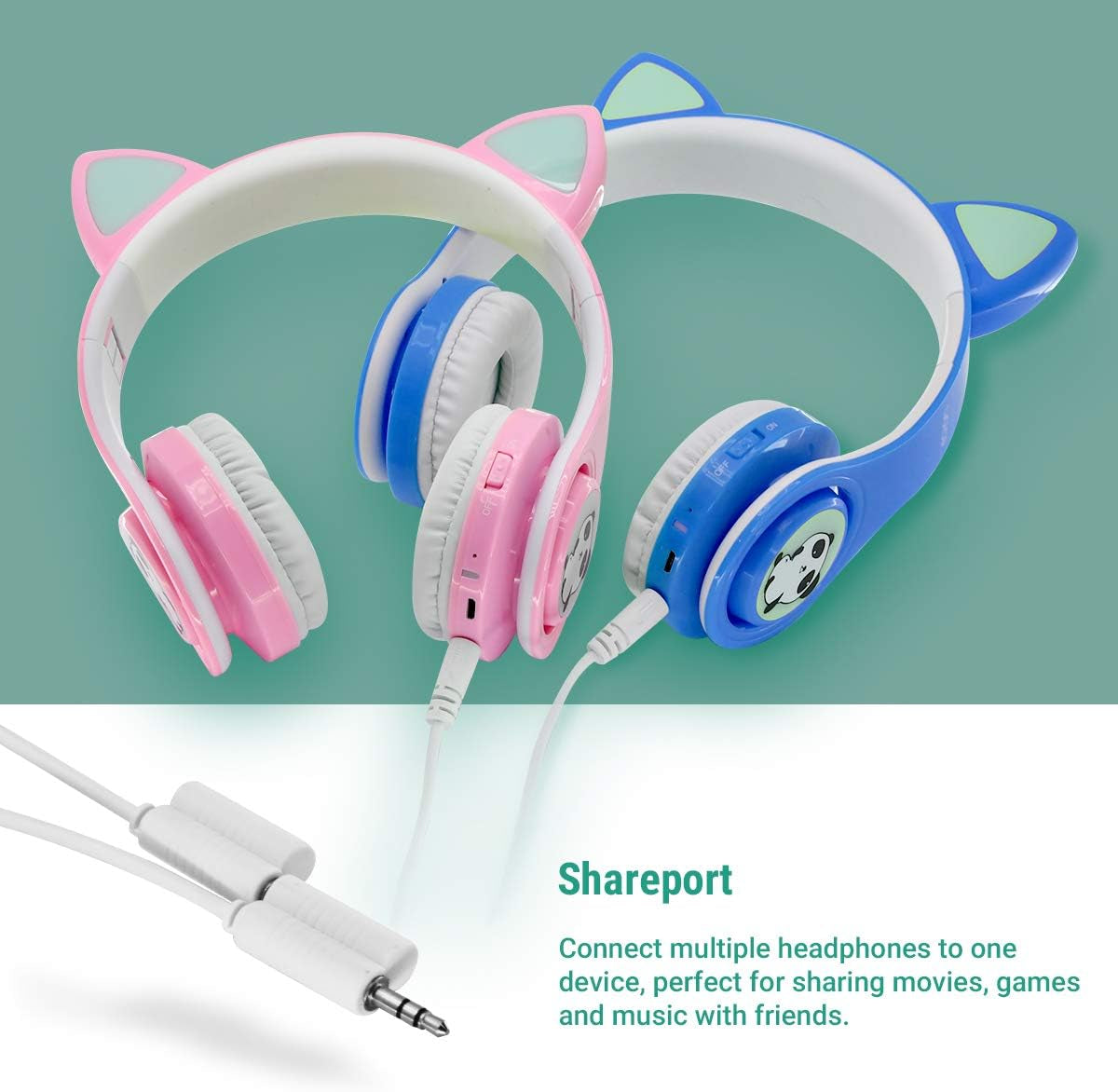 Wireless Bluetooth Kids Headphones, LED Flashing Lights, Music Sharing Function, 85Db Volume Limited, Over-Ear and Build-In Mic Wireless/Wired Children Headphones for Boys Girls (Blue)
