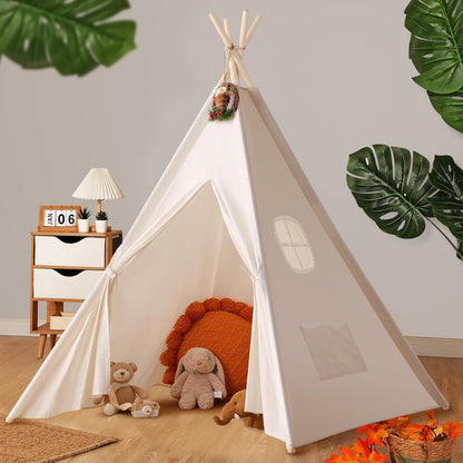 Teepee Tent for Kids with Carry Case, Natural Canvas Teepee Play Tent, Toys for Girls/Boys Indoor & Outdoor Playing (White Teepee Tent)