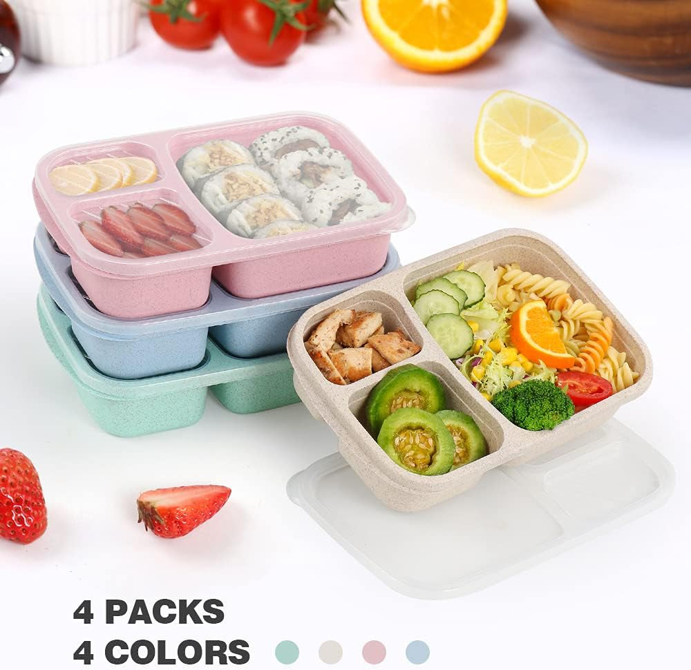 4 Pack Bento Lunch Box, 3 Compartment Meal Prep Containers, Lunch Box Containers for Kids Adults, Plastic Reusable Food Storage Containers - Stackable, Suitable for Schools,Work and Travel