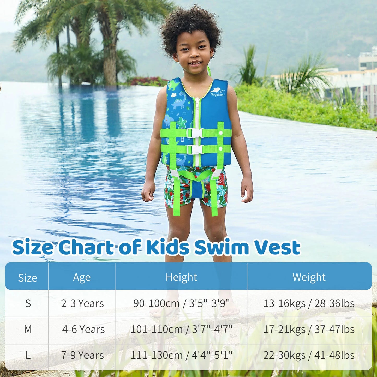 Kids Swim Vest Life Jacket Flotation Swimming Aid with Adjustable Safety Strap Age 1-9 Years/22-50Lbs, Blue Dinosaur