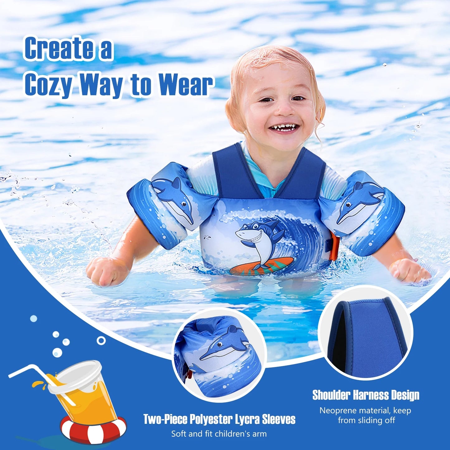 Toddler Swim Vest for Kid 30-70 Lbs, Pool Arm Floats Vest with Crotch Strap and Whistle, Blue Surf Shark