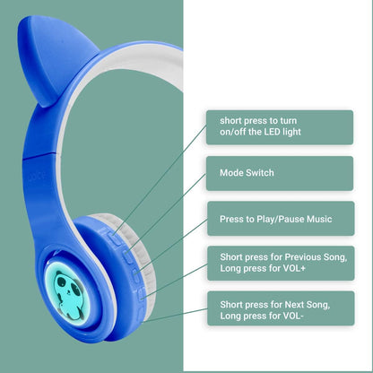 Wireless Bluetooth Kids Headphones, LED Flashing Lights, Music Sharing Function, 85Db Volume Limited, Over-Ear and Build-In Mic Wireless/Wired Children Headphones for Boys Girls (Blue)