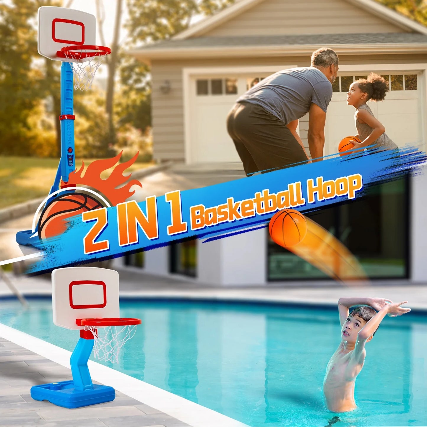 2 in 1 Kids Basketball Hoop, Toddler Basketball Hoop Indoor Mini Adjustable Poolside Basketball Goals with Ball Pump for Boys Girls Outdoor Toys