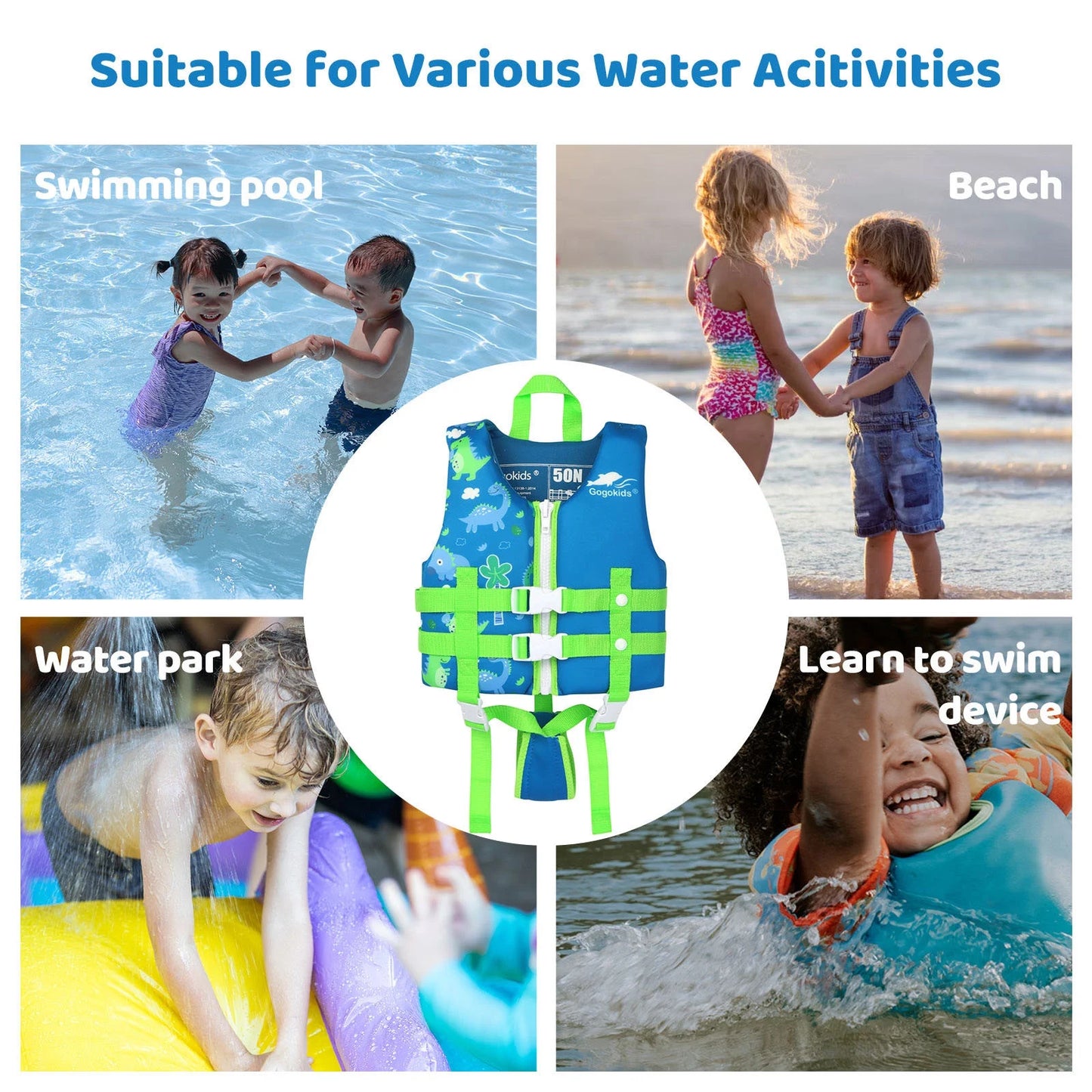 Kids Swim Vest Life Jacket Flotation Swimming Aid with Adjustable Safety Strap Age 1-9 Years/22-50Lbs, Blue Dinosaur