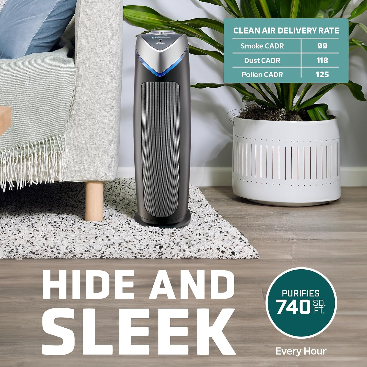 Germguardian Air Purifier with HEPA 13 Filter, Removes 99.97% of Pollutants, Covers Large Room up to 743 Sq. Foot Room in 1 Hr, UV-C Light Helps Reduce Germs, Zero Ozone Verified, 22", Gray, AC4825E