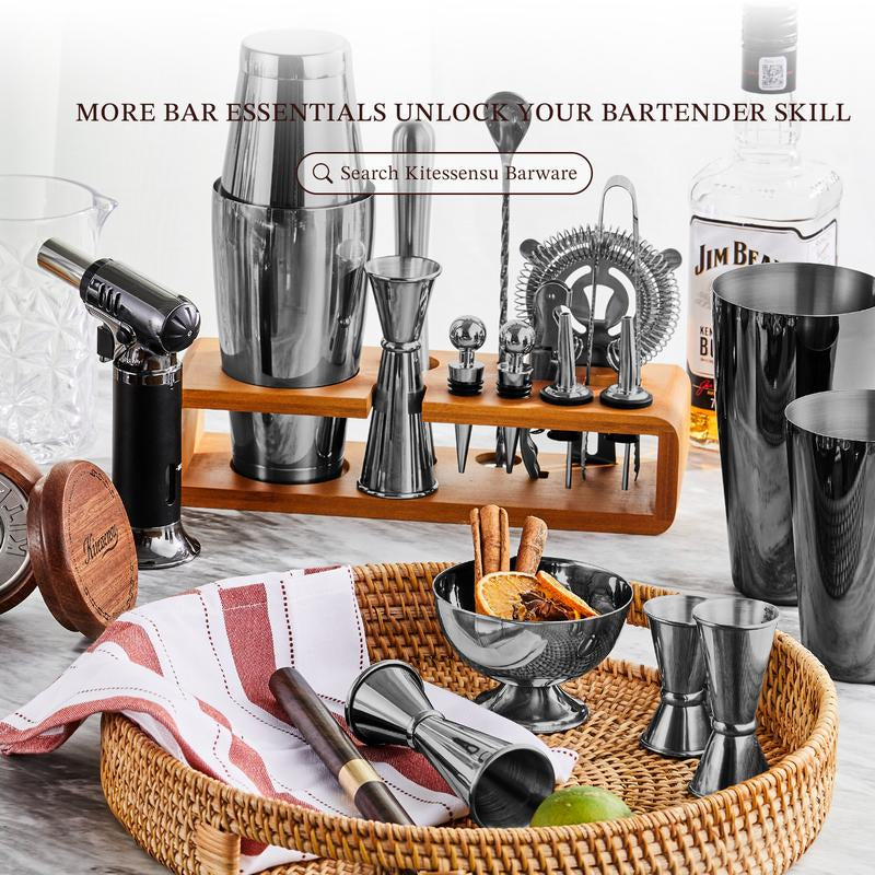 Kitessensu Mixology 15 Piece Bar Set with Stand, Stainless Steel Cocktail Shaker Kit with Measuring Scale - Utensils for Home Bartenders, Gift for Him/Her