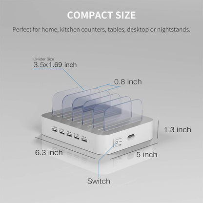 Charging Station for Multiple Devices,  5 Port Multi USB-A Charger Station with Power Switch Designed for Iphone Ipad Cell Phone Tablets (White, 6 Mixed Short Cables Included)