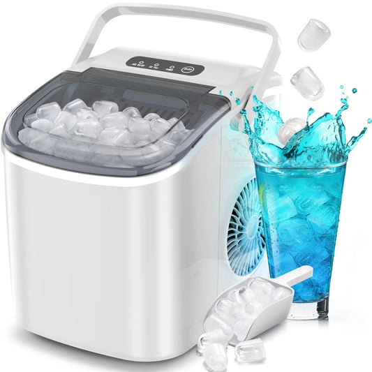 Auseo Countertop Ice Maker, Portable Ice Machine with Handle, 26Lbs/24H, 9 Cubes Ready in 6 Mins, One-Click Operation Ice Makers with Ice Scoop and Basket, for Kitchen/Office/Bar/Party (White)