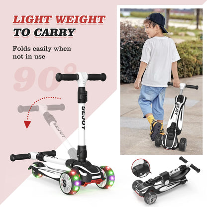 Toddler Kick Scooter for Kids with 3 Wheel LED Lights, Extra-Wide Childrens Foldable Toy Scooter with Adjustable Handlebars & Folding Comfort Seat for Boys/ Girls, Black