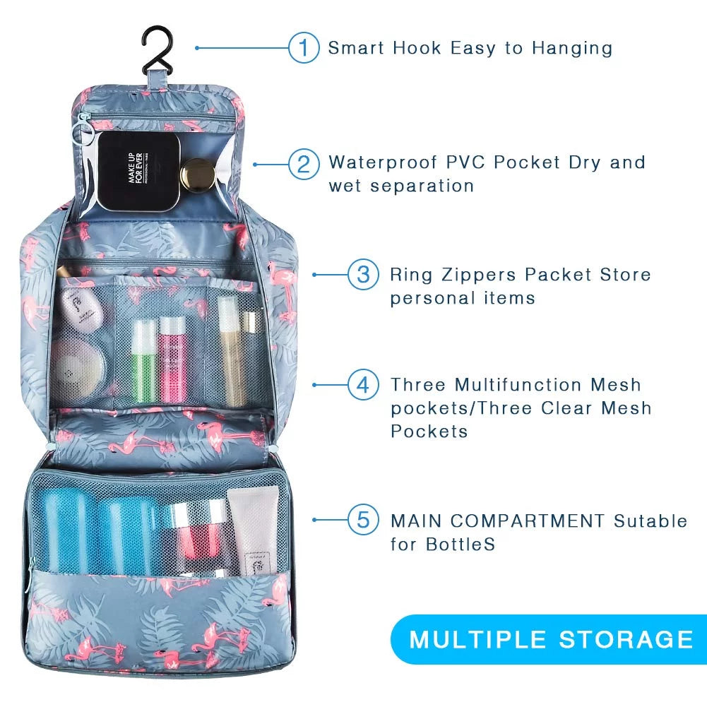 Hanging Travel Toiletry Bag, Flamingo Makeup Cosmetic Organizer Bag for Woman and Girls Bathroom and Shower Organizer Bag Waterproof, Light Blue