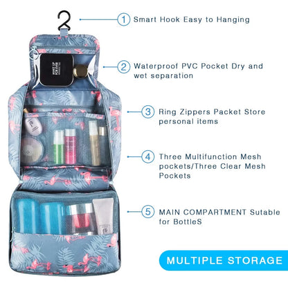 Hanging Travel Toiletry Bag, Flamingo Makeup Cosmetic Organizer Bag for Woman and Girls Bathroom and Shower Organizer Bag Waterproof, Light Blue