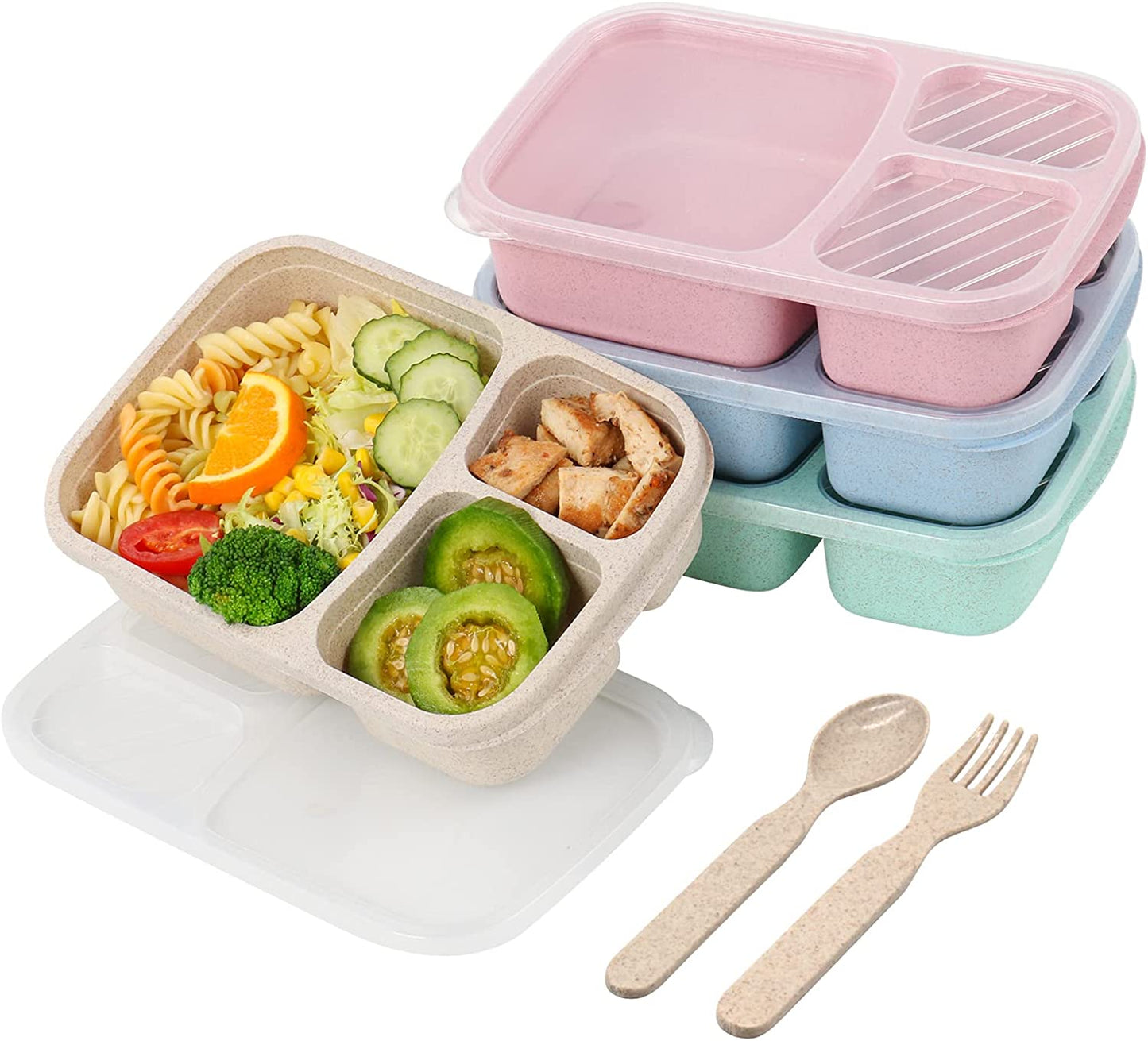 4 Pack Bento Lunch Box, 3 Compartment Meal Prep Containers, Lunch Box Containers for Kids Adults, Plastic Reusable Food Storage Containers - Stackable, Suitable for Schools,Work and Travel