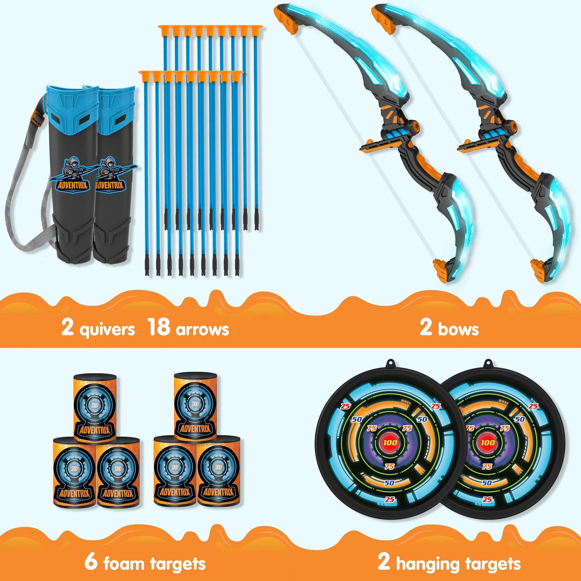 2 Pack Archery Set for Kids, Light up Bow and Arrow Set with 2 Luminous Bows, 18 Suction Cups Arrows, 6 Targets and 2 Quivers