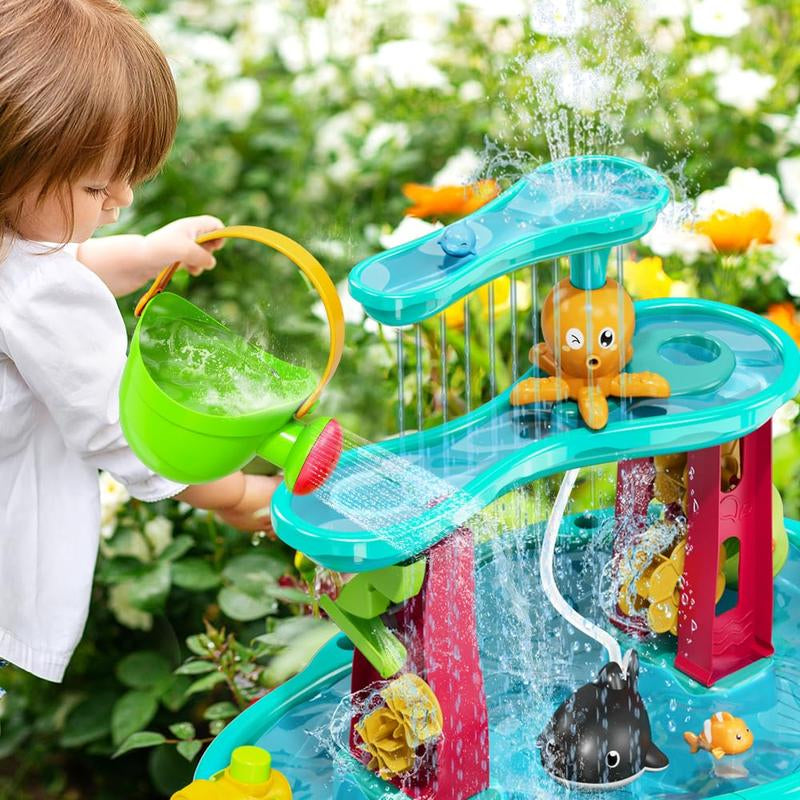 Sand Water Table Toys 3-Tier Splash Play for Toddler Kids with Pump, Umbrella - Outdoor Backyard Fun for Boys Girls, Sensory Table