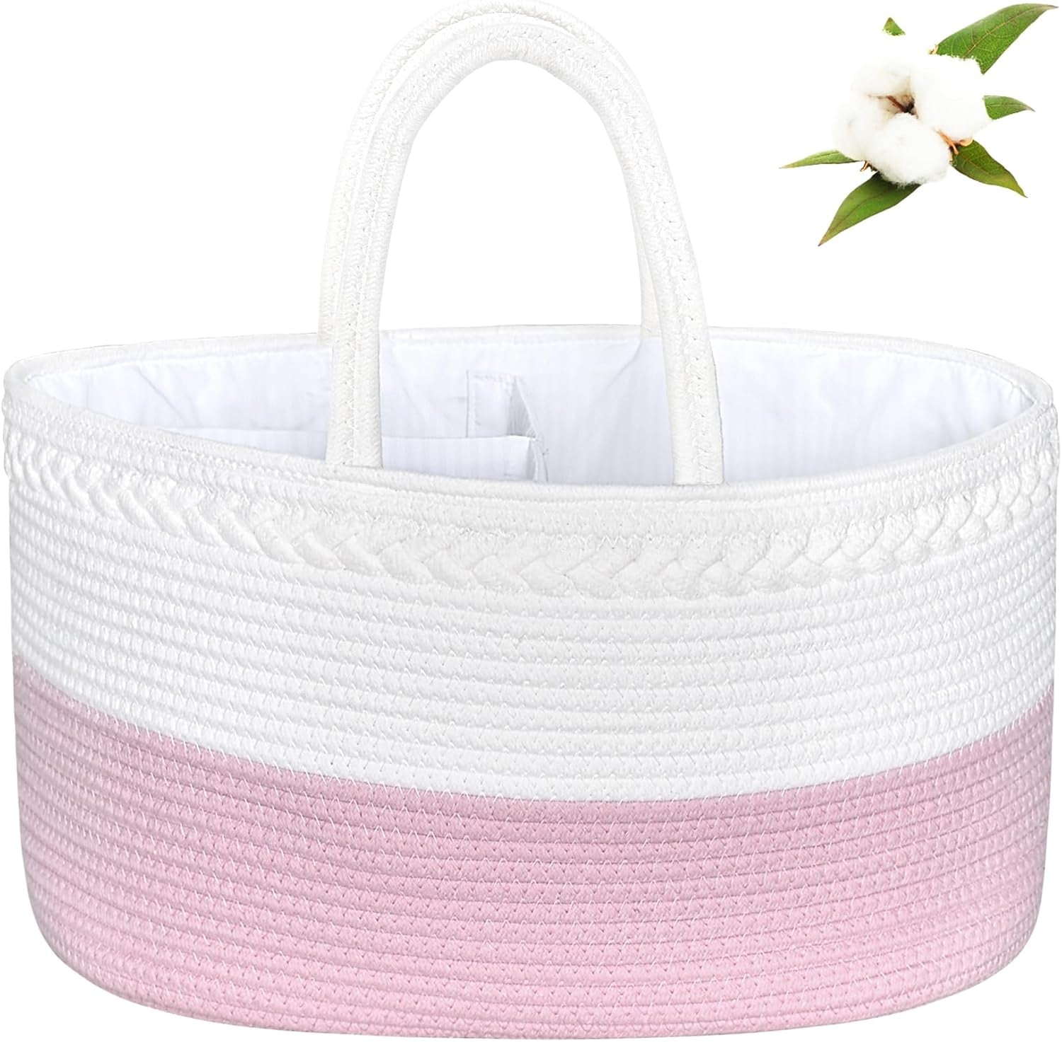 Baby Diaper Caddy, Nursery Storage Bin and Car Organizer for Diapers Wipes, Cotton Rope Basket Changing Table Caddy