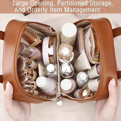 Travel Makeup Bag, Makeup Organizer Cosmetic Bag, Large Capacity Cosmetic Bags for Women, Waterproof Toiletry Bag Makeup Organizer with Divider and Handle (Brown)