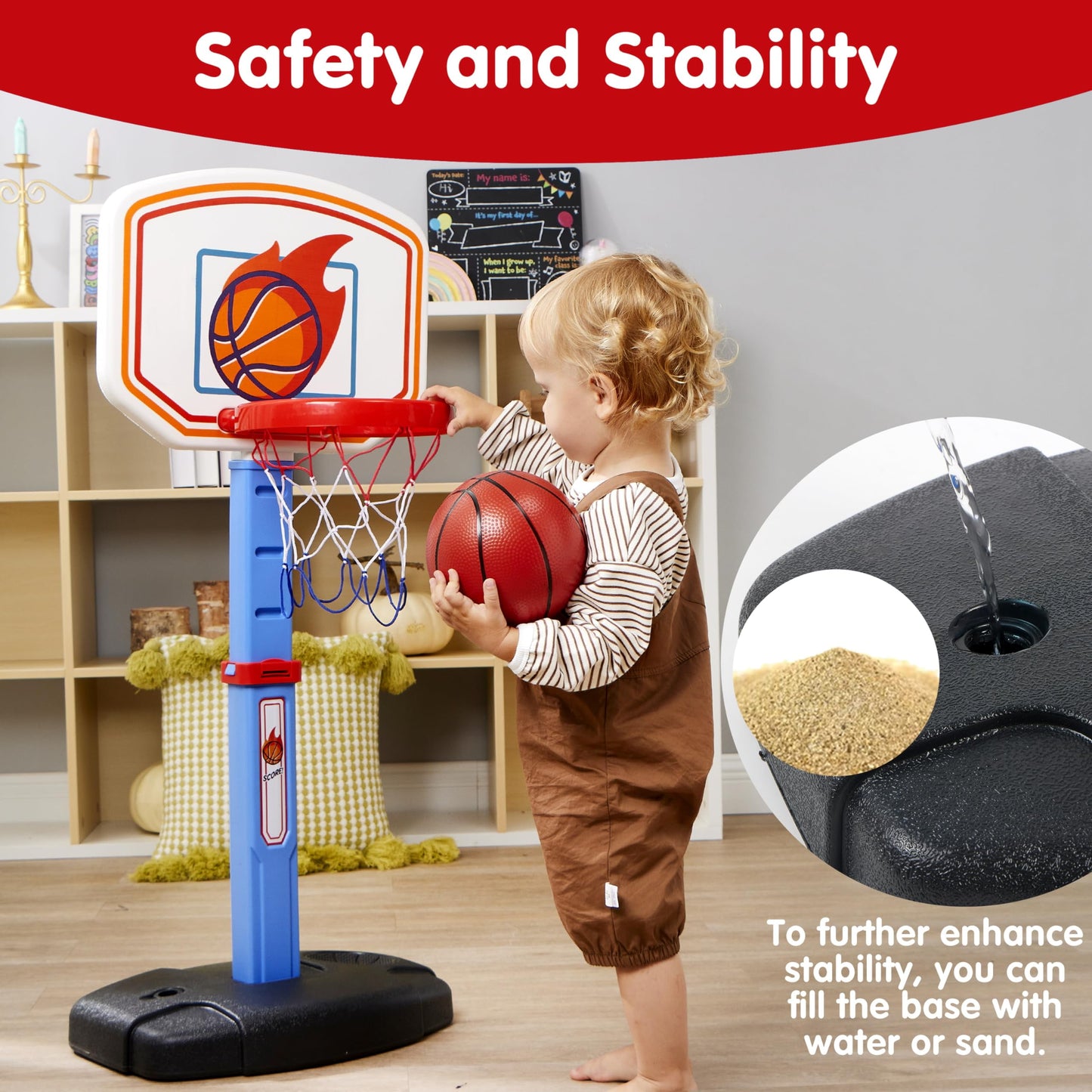 Toddler Basketball Hoop, Indoor Basketball Game Set for Kids 1-3, Adjustable Kids Basketball Goal with 4 Balls for Indoor Outdoor Play