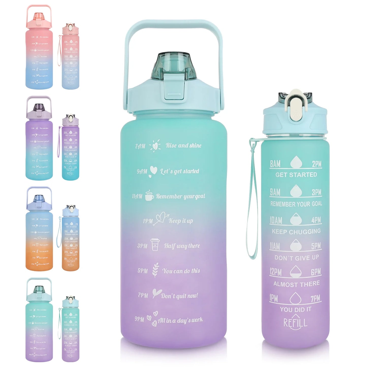 2 Pack Motivational Water Bottle, 27 Oz and 64 Oz Half Gallon Large Water Jug with Straw and Time Marker, Leakproof and BPA Free, Sports Gym Travel Water Bottle for Women Men and Kids Family(Green)